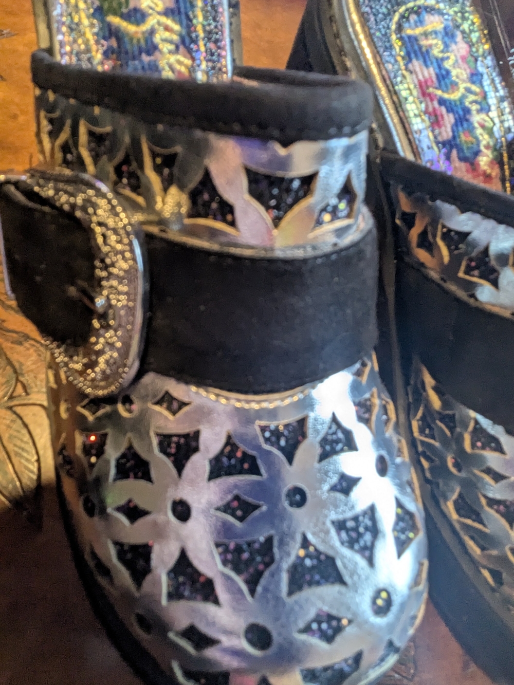 Irregular Choice Black and Silver Floral Cutout Mules